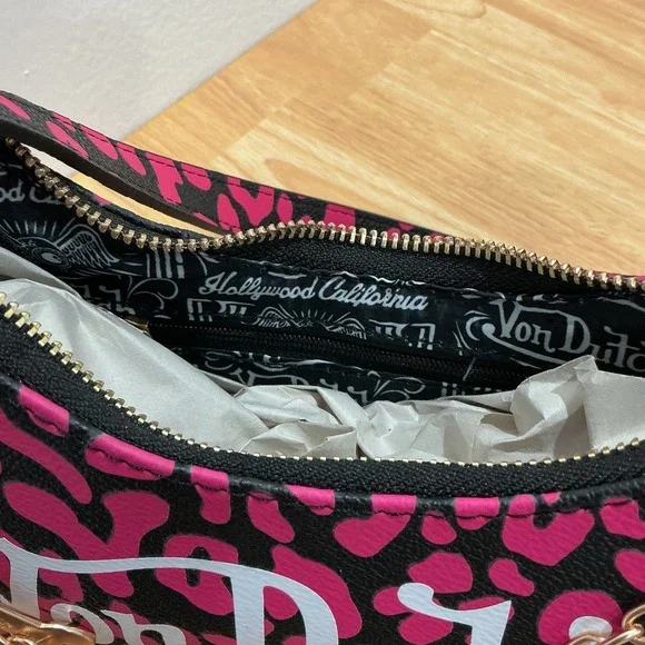 NEW Von Dutch HOT Pink Cheetah Print Shoulder Bag Detachable Chain Wrench Charm - Picture 6 of 11